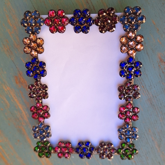 Jeweled Picture Frame Metal and Gemstone Flowers Multi Colored Jewel Tones - Picture 7 of 16